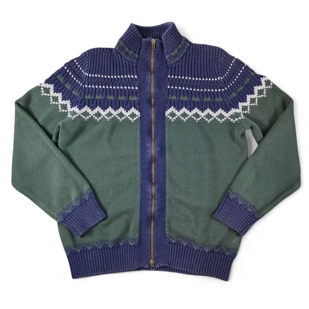 Nautica Men’s Fair Isle Full Zip Sweater Jacket Green Navy Cotton Knit M